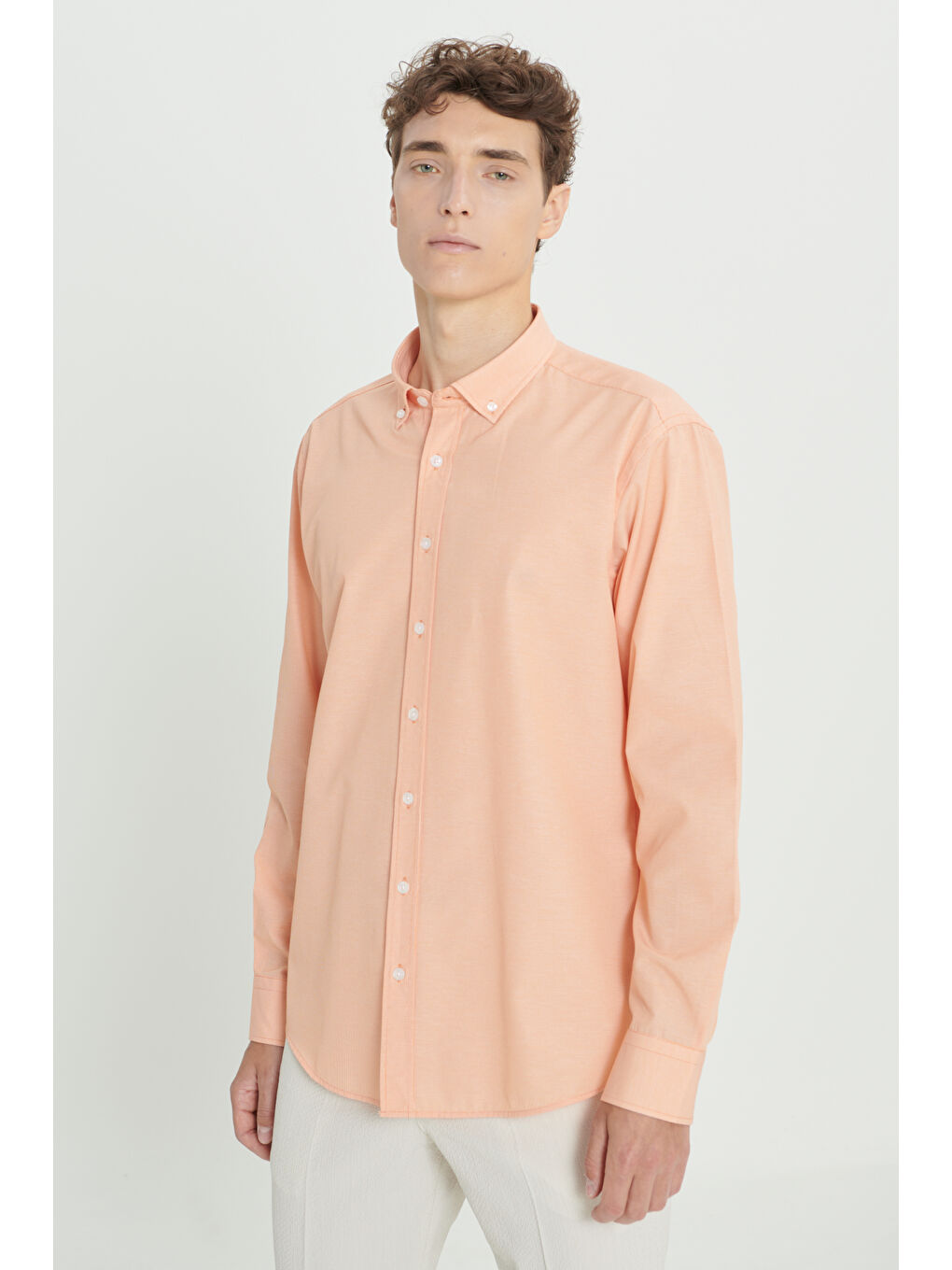 Erkek Turuncu Comfort Fit Rahat Kesim Gizli Düğme Yaka Pamuklu Kareli Gömlek-2