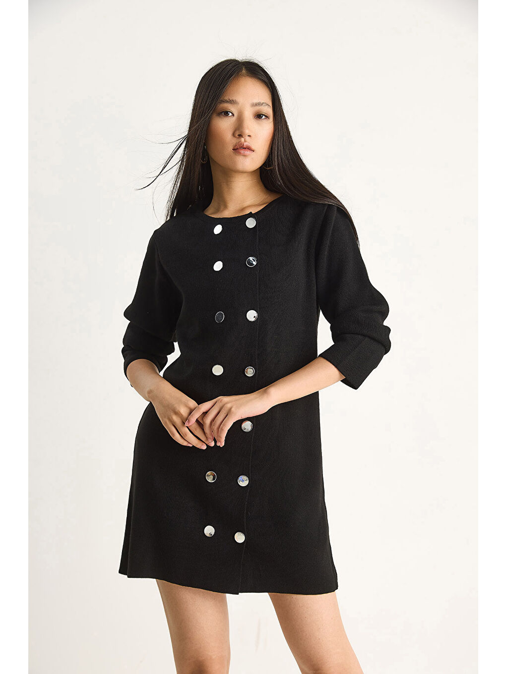 Siyah Kadın Bisiklet Yaka Düğme Detaylı Triko Elbise-1