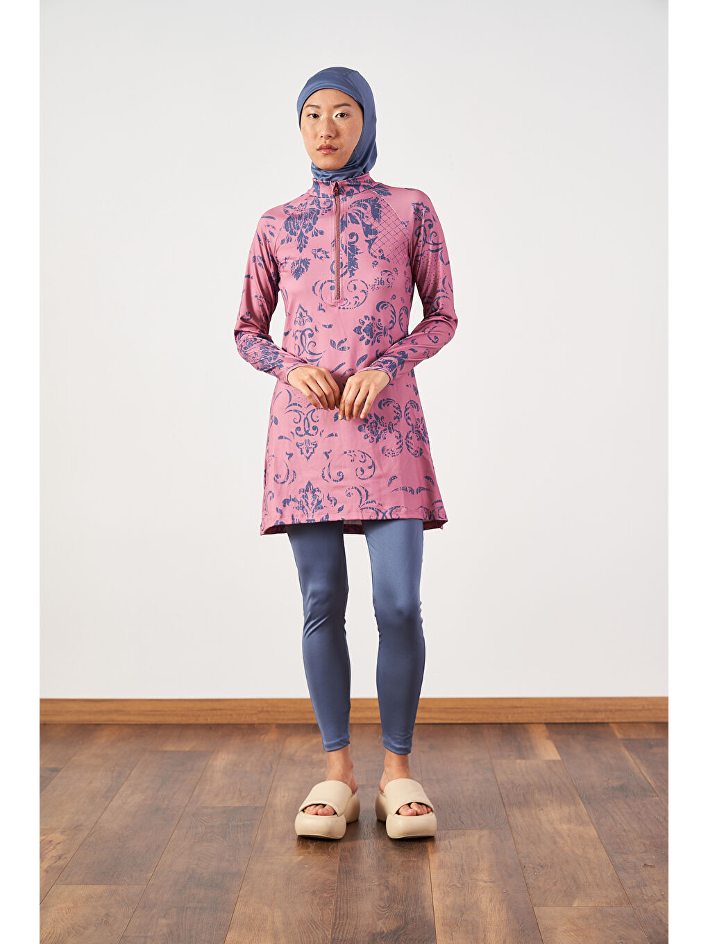 Pembe Çini Performans Tesettür Mayo Takımı Gül Kurusu-2