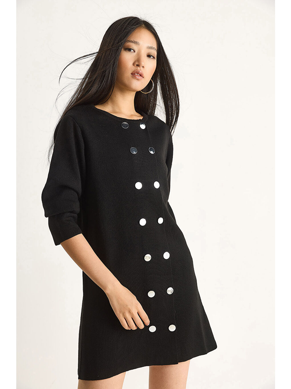 Siyah Kadın Bisiklet Yaka Düğme Detaylı Triko Elbise-2