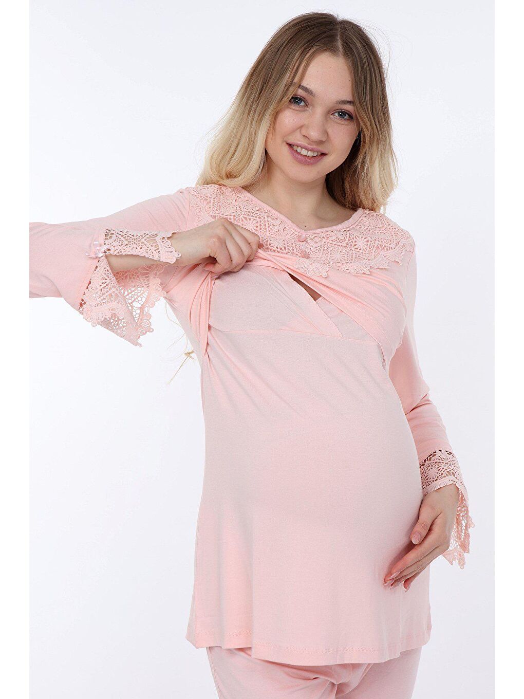 Luvmabelly Pembe Kadın Dantelli Flaplı Hamile Pijama Takımı - 2