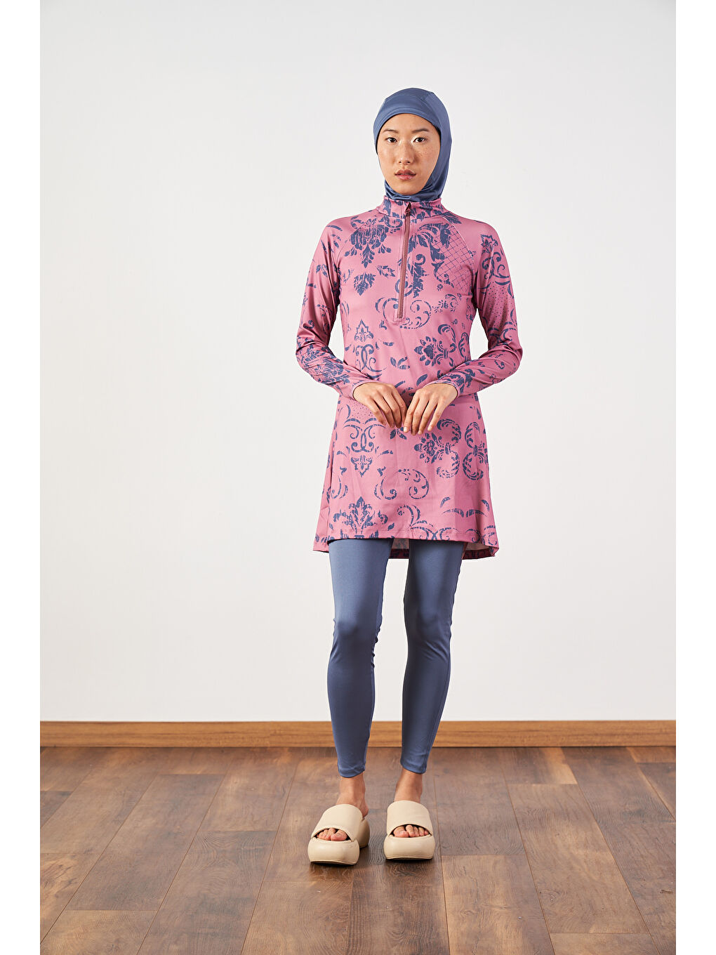 Pembe Çini Performans Tesettür Mayo Takımı Gül Kurusu-3