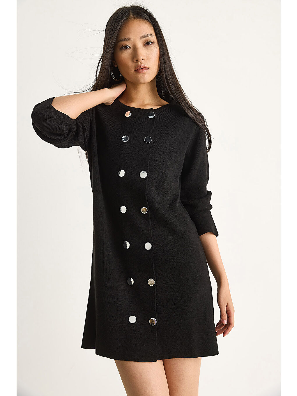 Siyah Kadın Bisiklet Yaka Düğme Detaylı Triko Elbise-3