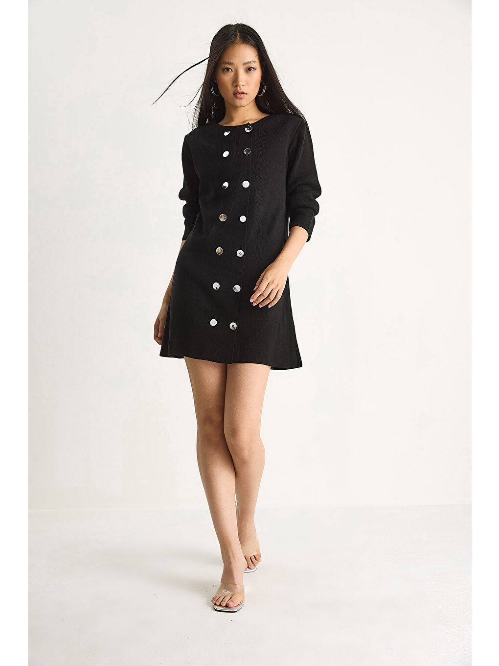 Siyah Kadın Bisiklet Yaka Düğme Detaylı Triko Elbise-4