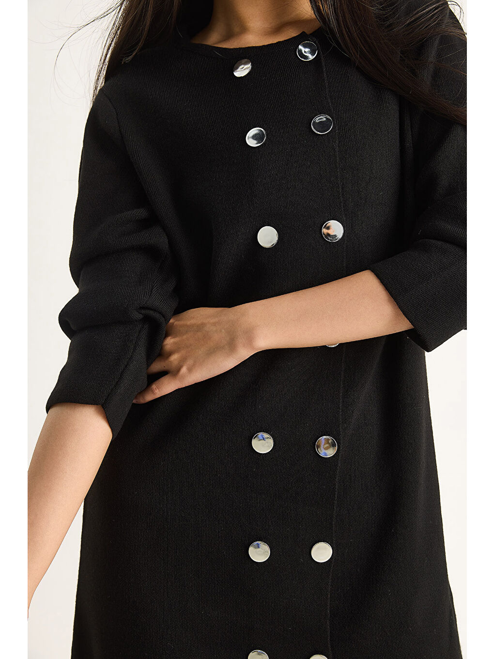 Siyah Kadın Bisiklet Yaka Düğme Detaylı Triko Elbise-5