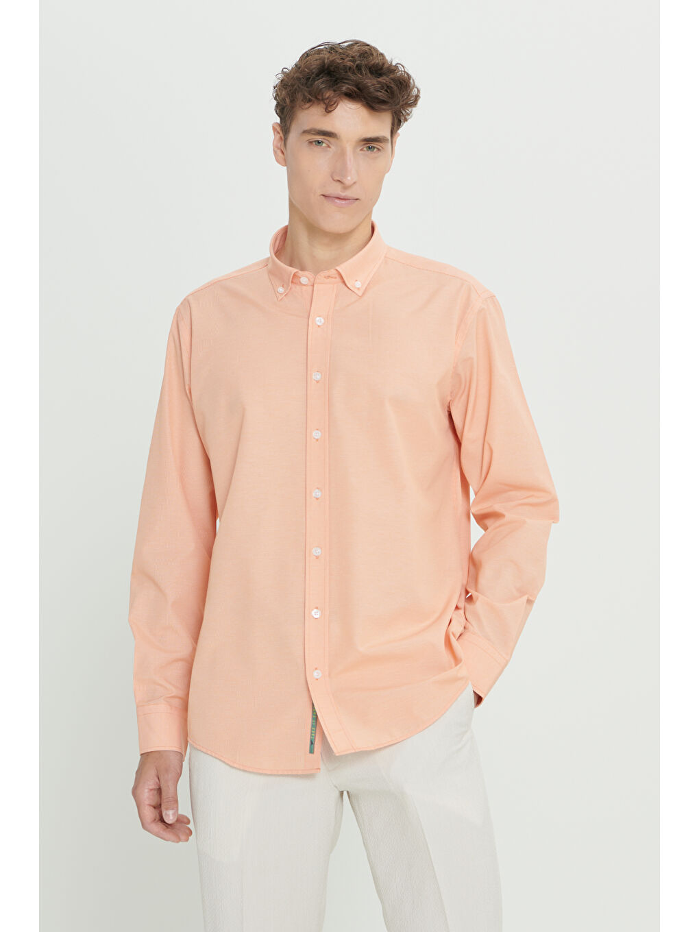Erkek Turuncu Comfort Fit Rahat Kesim Gizli Düğme Yaka Pamuklu Kareli Gömlek-3