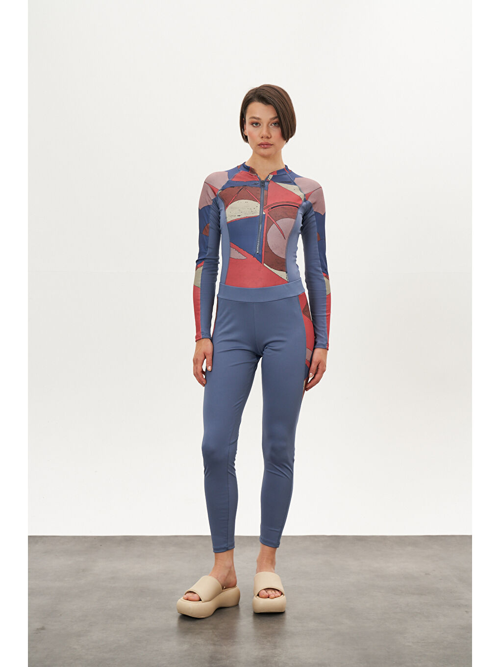 Karışık Yüzücü Mayo Tayt Etek 3lü Desenli Mayo İndigo-1