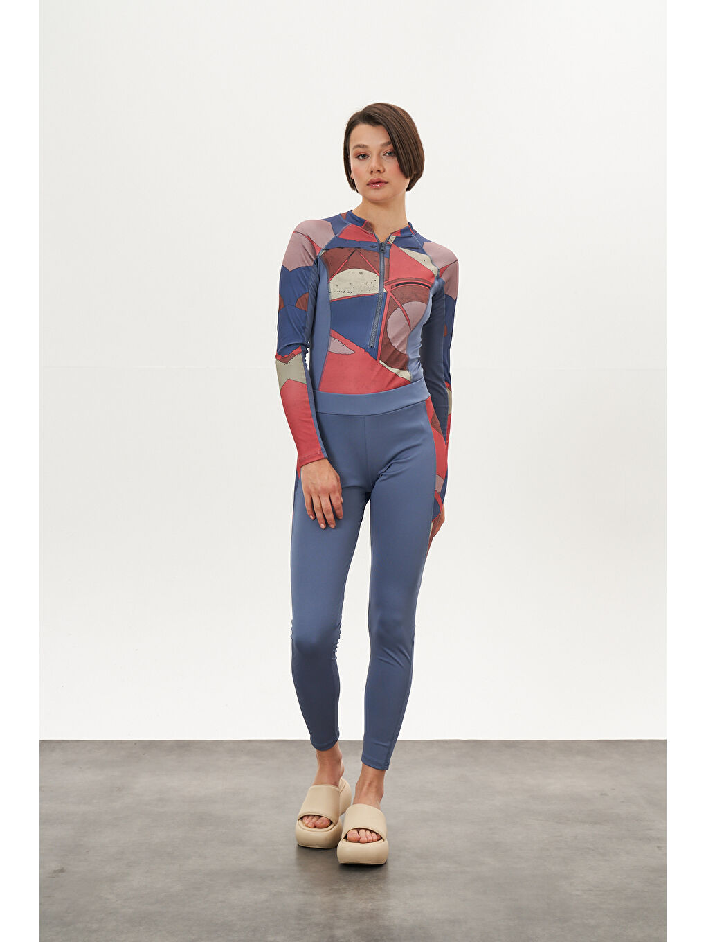 Karışık Yüzücü Mayo Tayt Etek 3lü Desenli Mayo İndigo-2