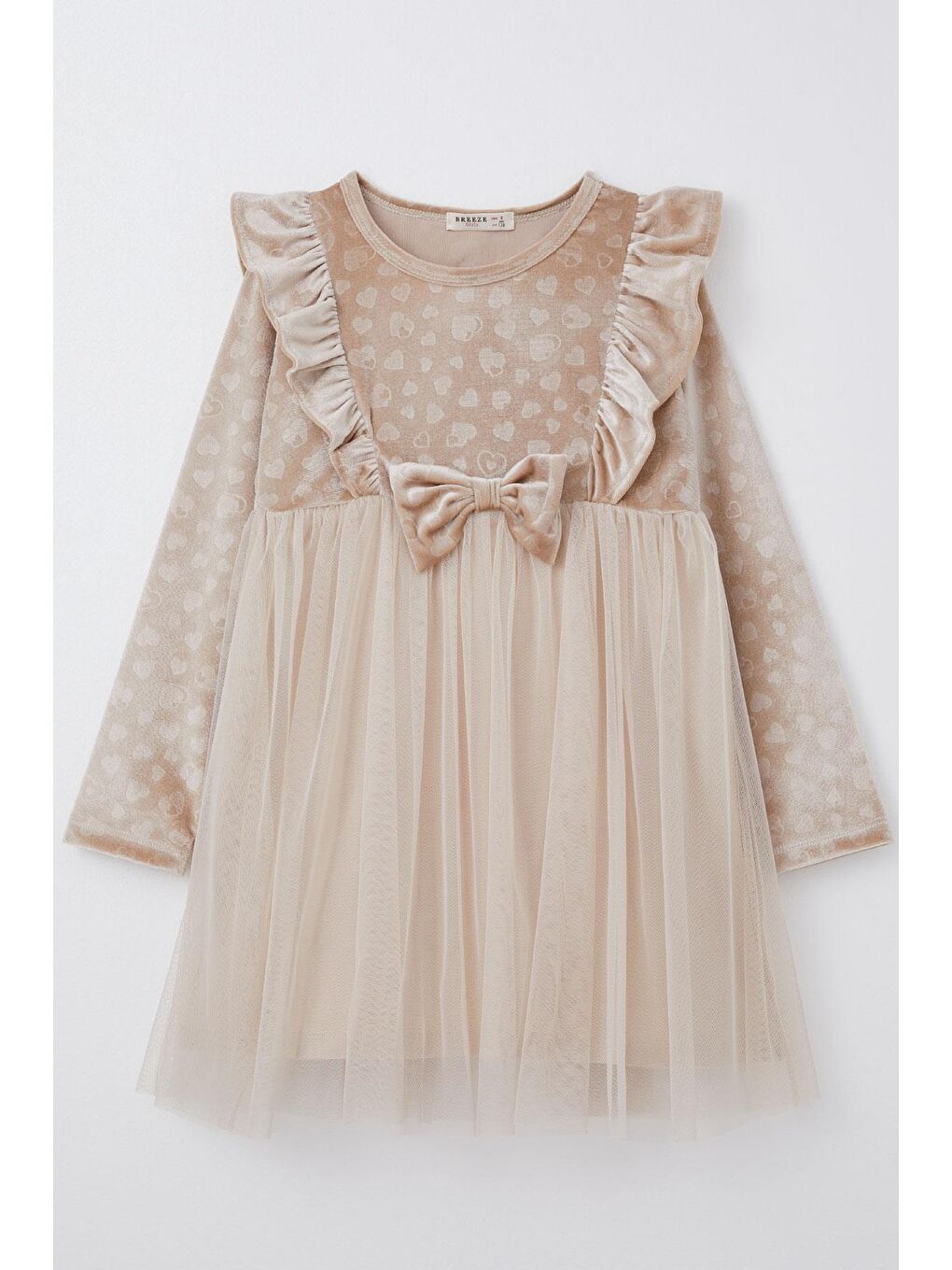 Kız Çocuk Uzun Kollu Elbise Kadife Kalp Desenli Fiyonklu Bej (5 Yaş)