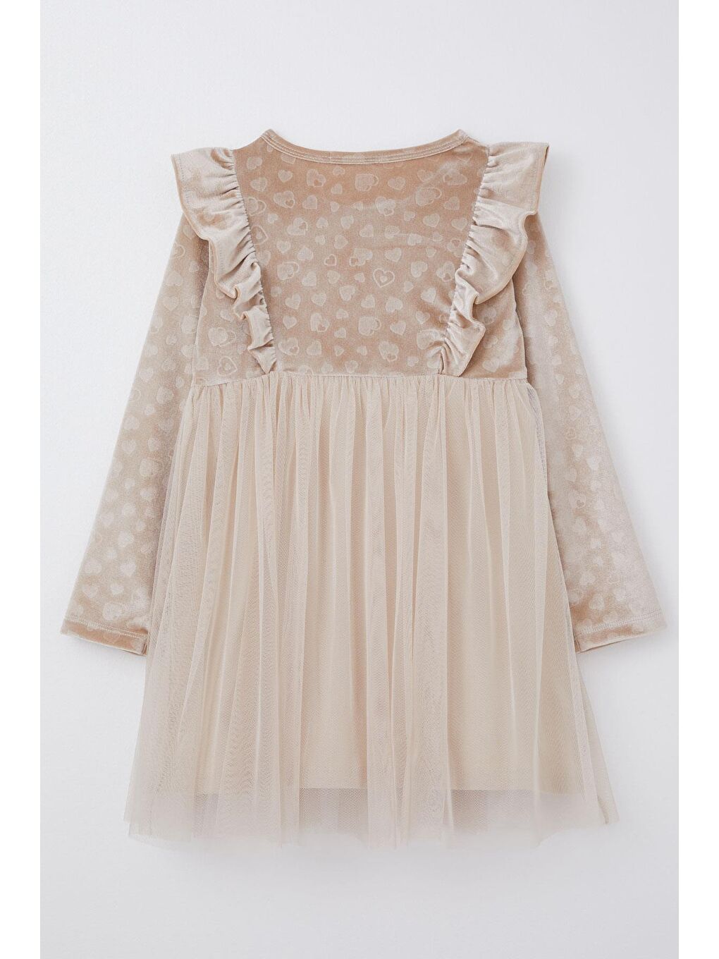 Kız Çocuk Uzun Kollu Elbise Kadife Kalp Desenli Fiyonklu Bej (5 Yaş)-1