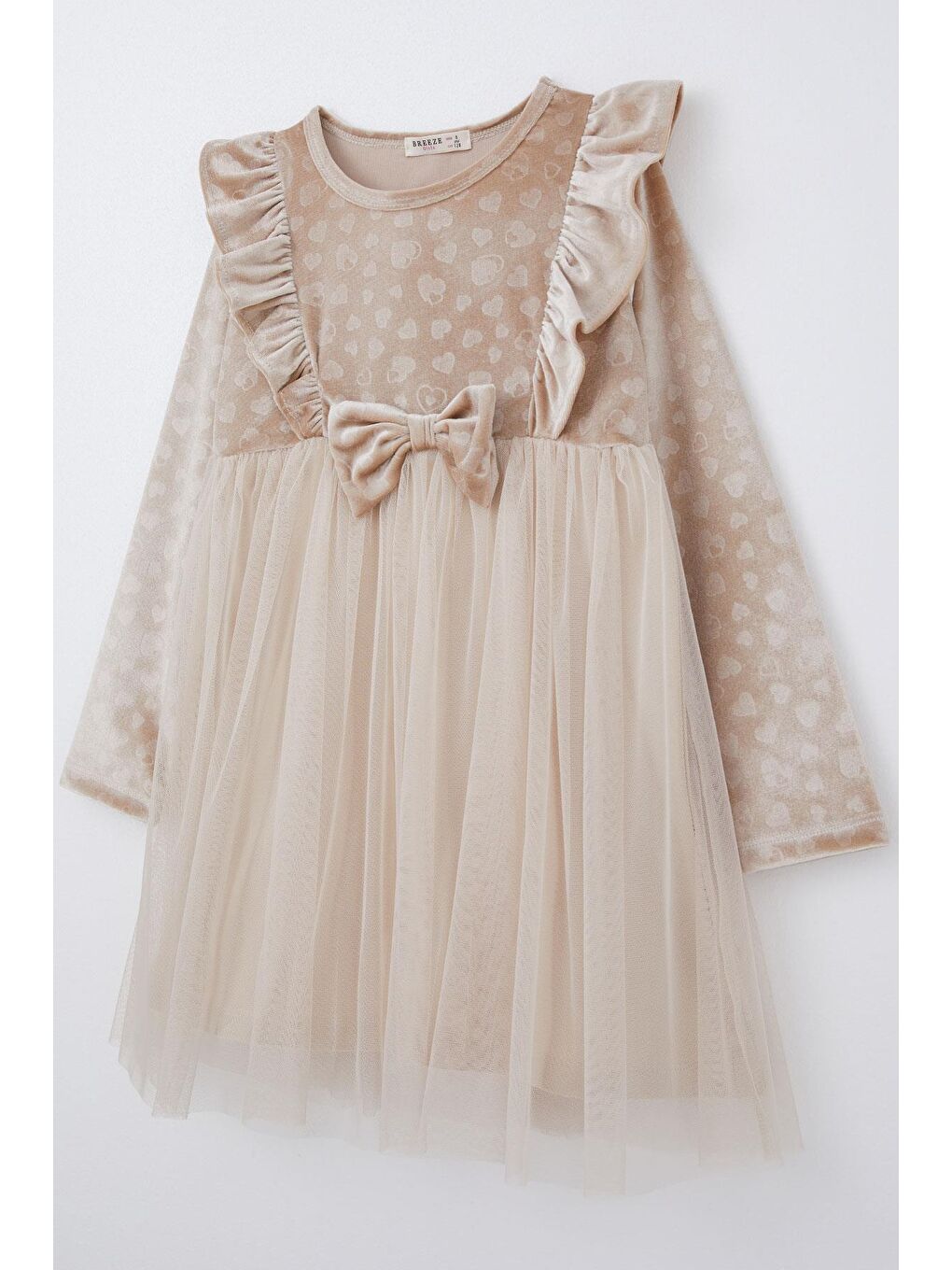 Kız Çocuk Uzun Kollu Elbise Kadife Kalp Desenli Fiyonklu Bej (5 Yaş)-2