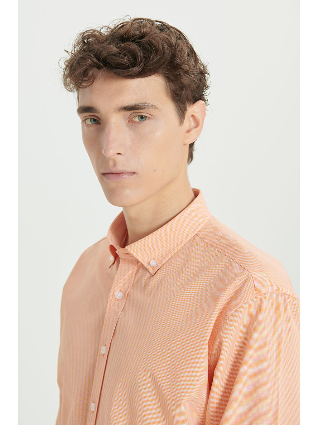 Erkek Turuncu Comfort Fit Rahat Kesim Gizli Düğme Yaka Pamuklu Kareli Gömlek-4