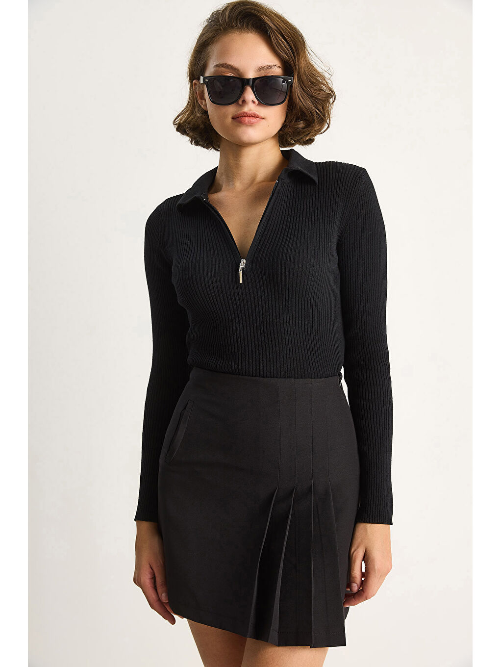 Siyah Kadın Fermuarlı Kazak-3