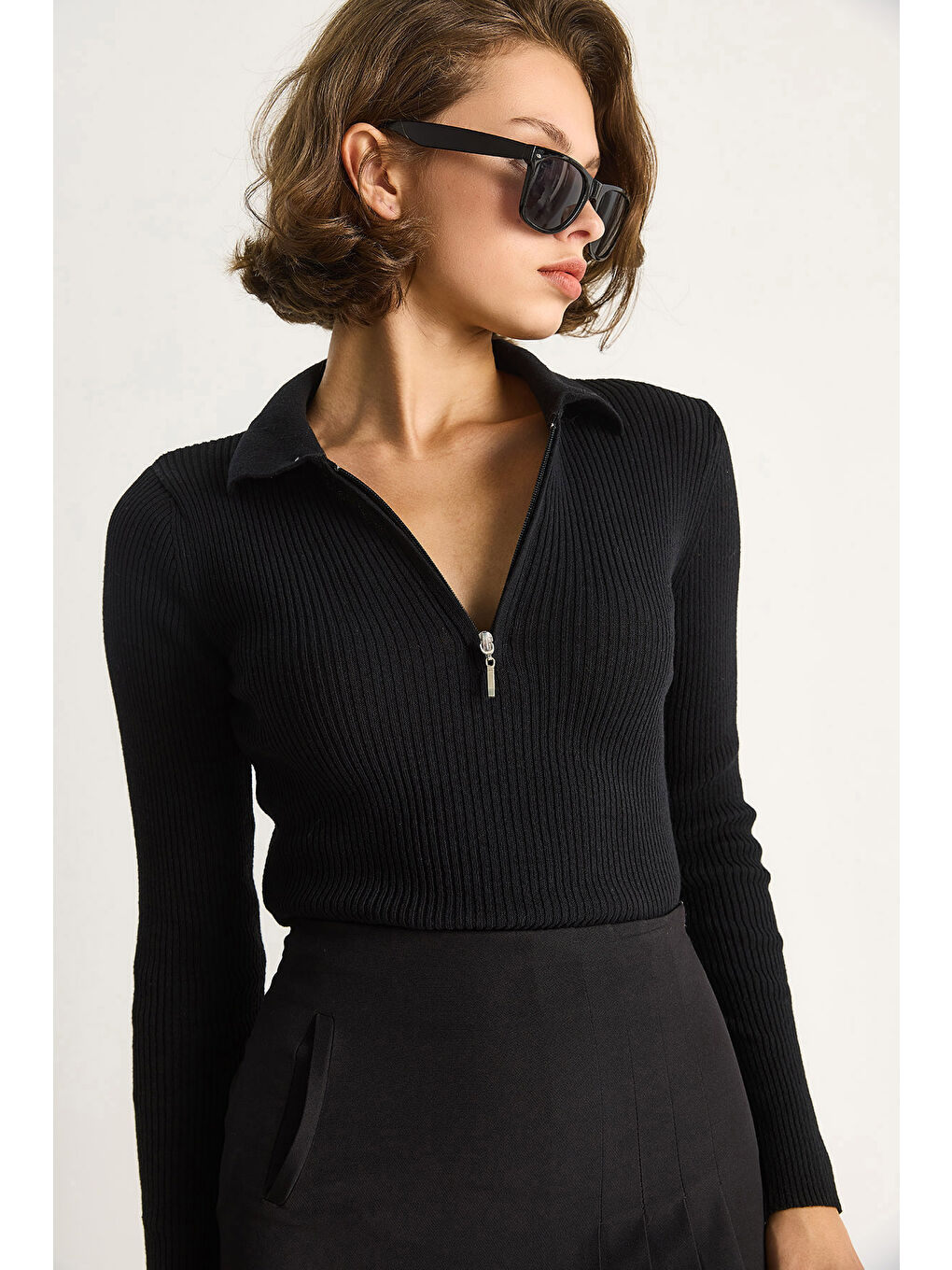 Siyah Kadın Fermuarlı Kazak-5