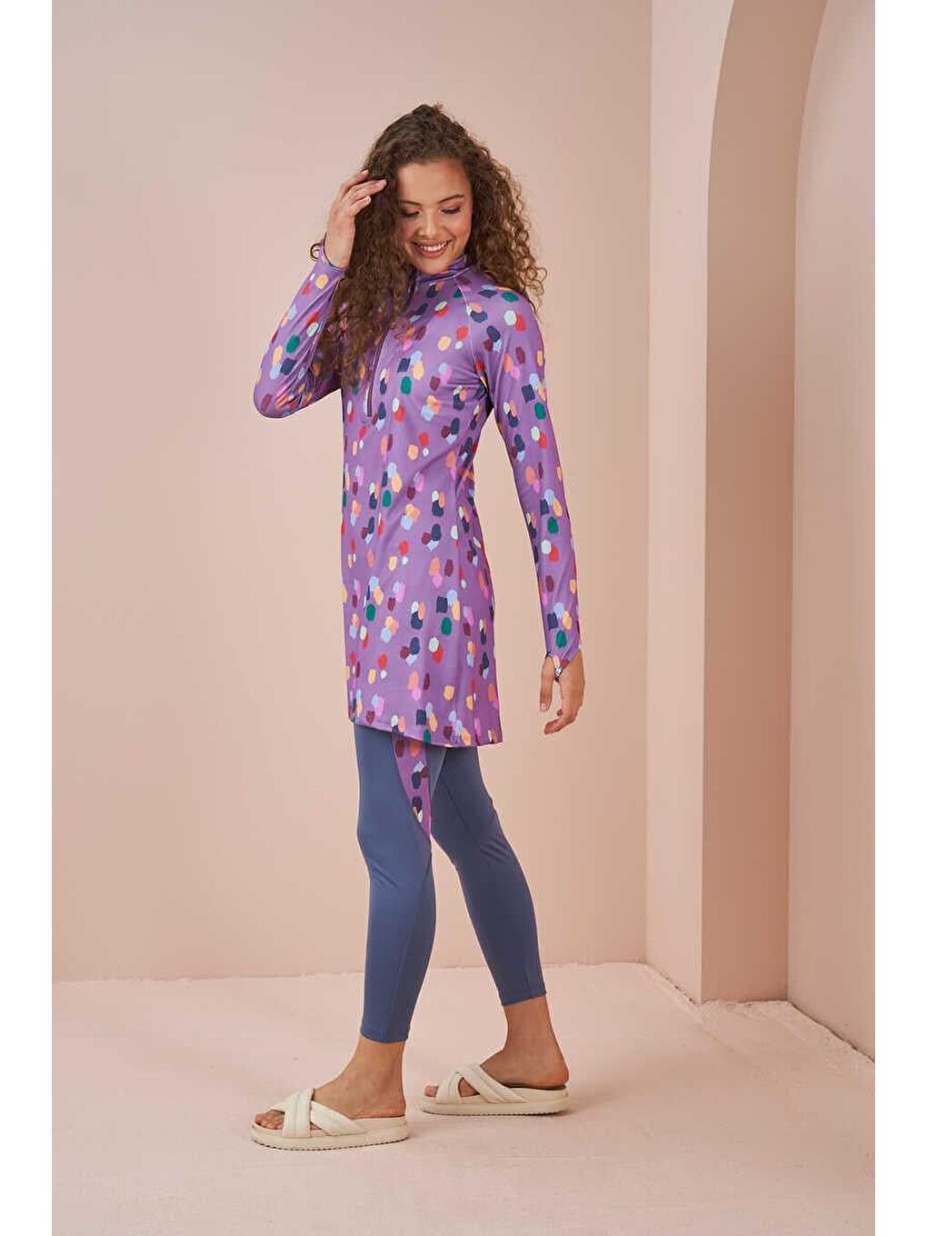 Puantiye Performans Tesettür Mayo Takımı Lila