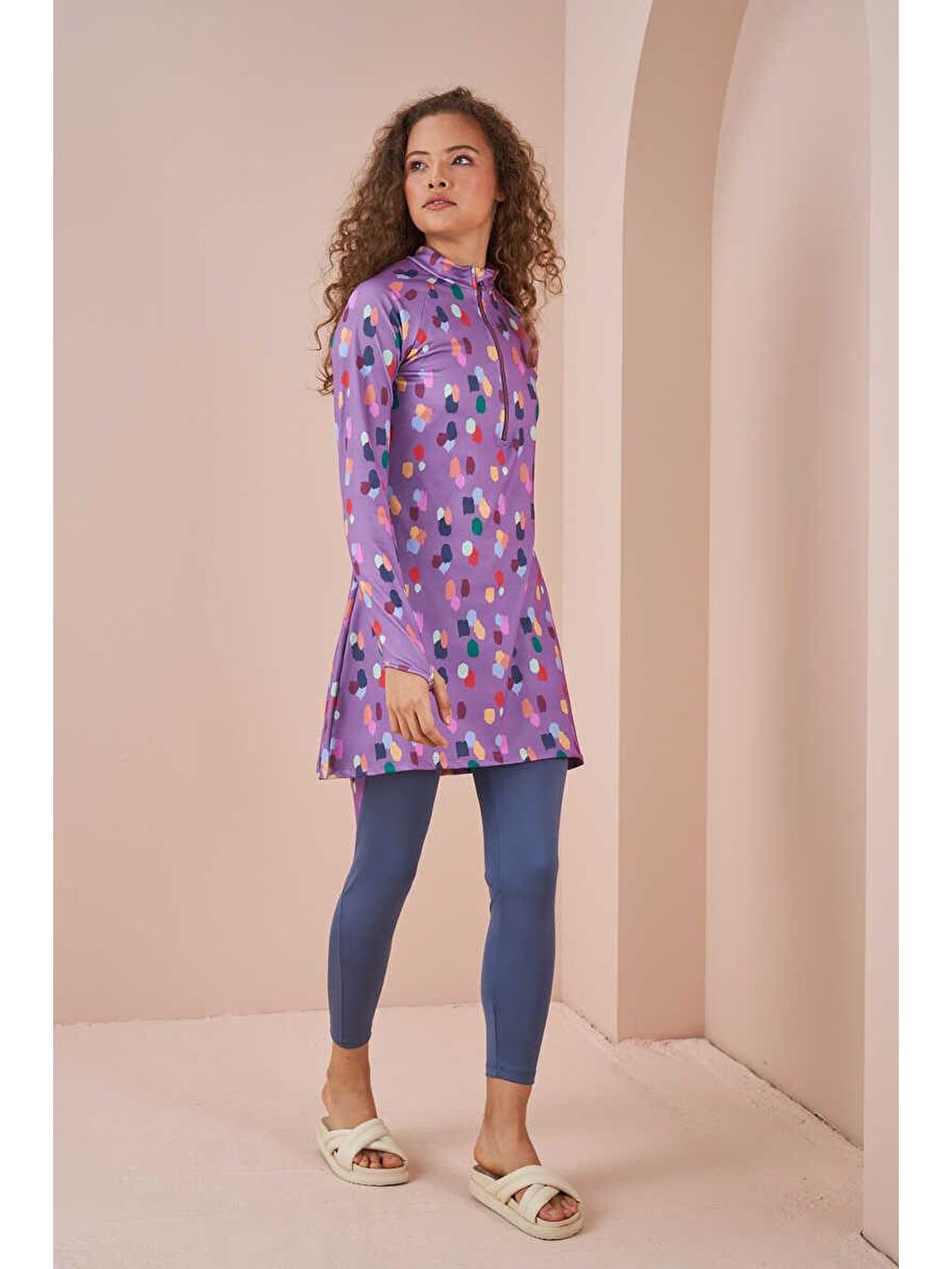 Puantiye Performans Tesettür Mayo Takımı Lila-1