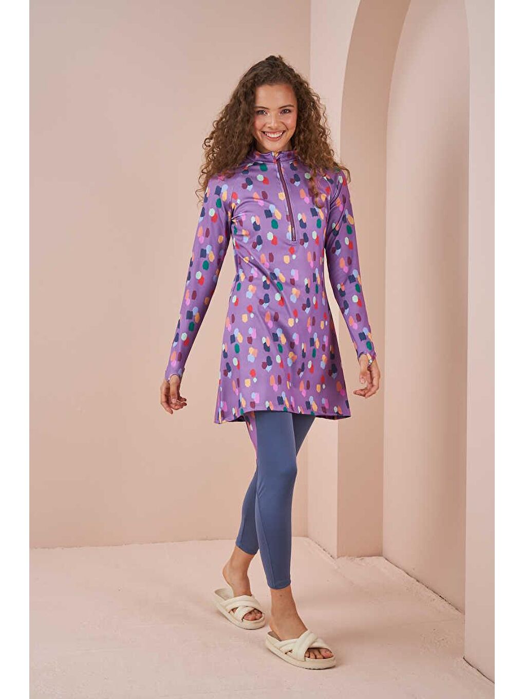 Puantiye Performans Tesettür Mayo Takımı Lila-2