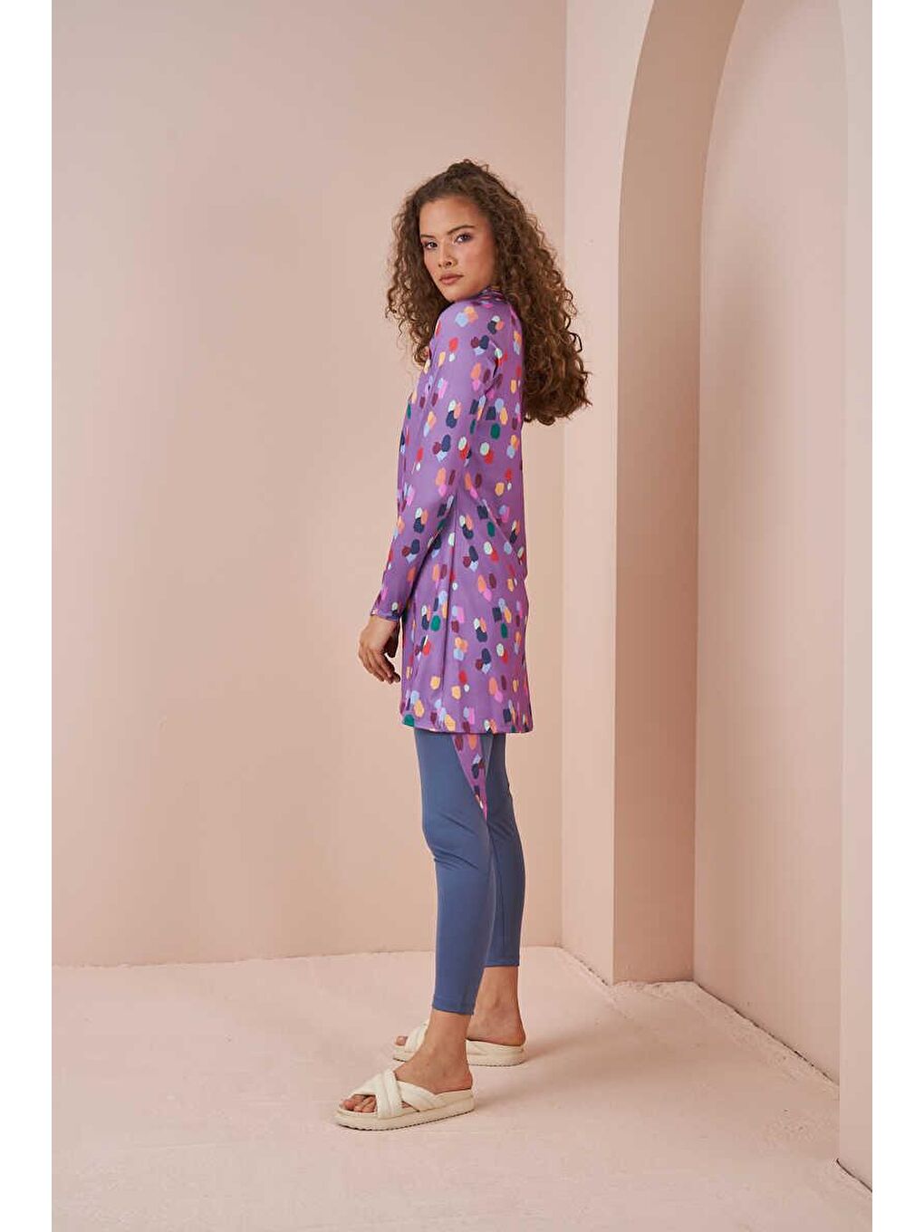 Puantiye Performans Tesettür Mayo Takımı Lila-3