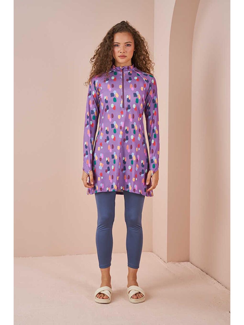 Puantiye Performans Tesettür Mayo Takımı Lila-5