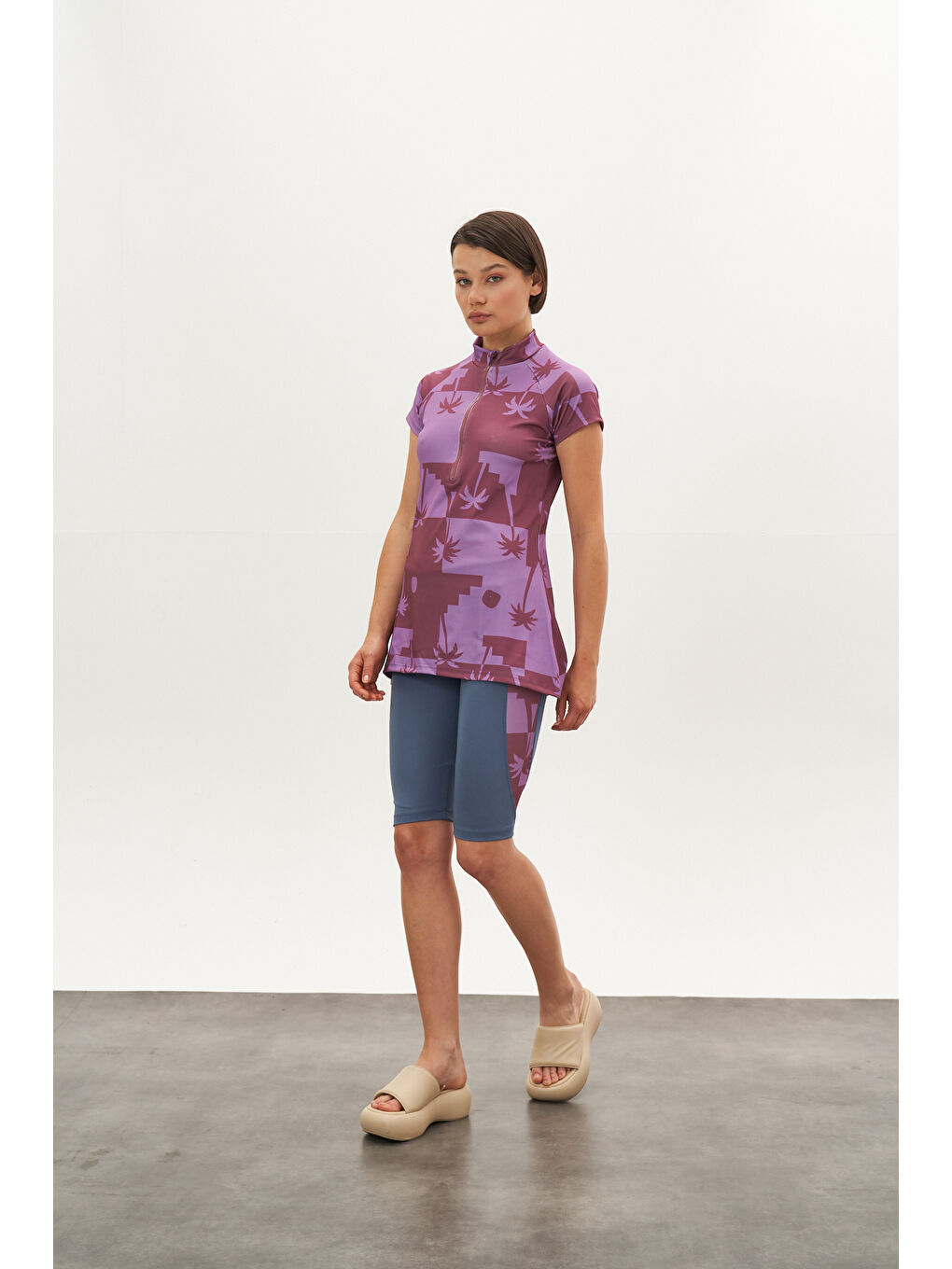 Pembe Palmiye Desen Yarı Kapalı Mayo GülKurusu-1