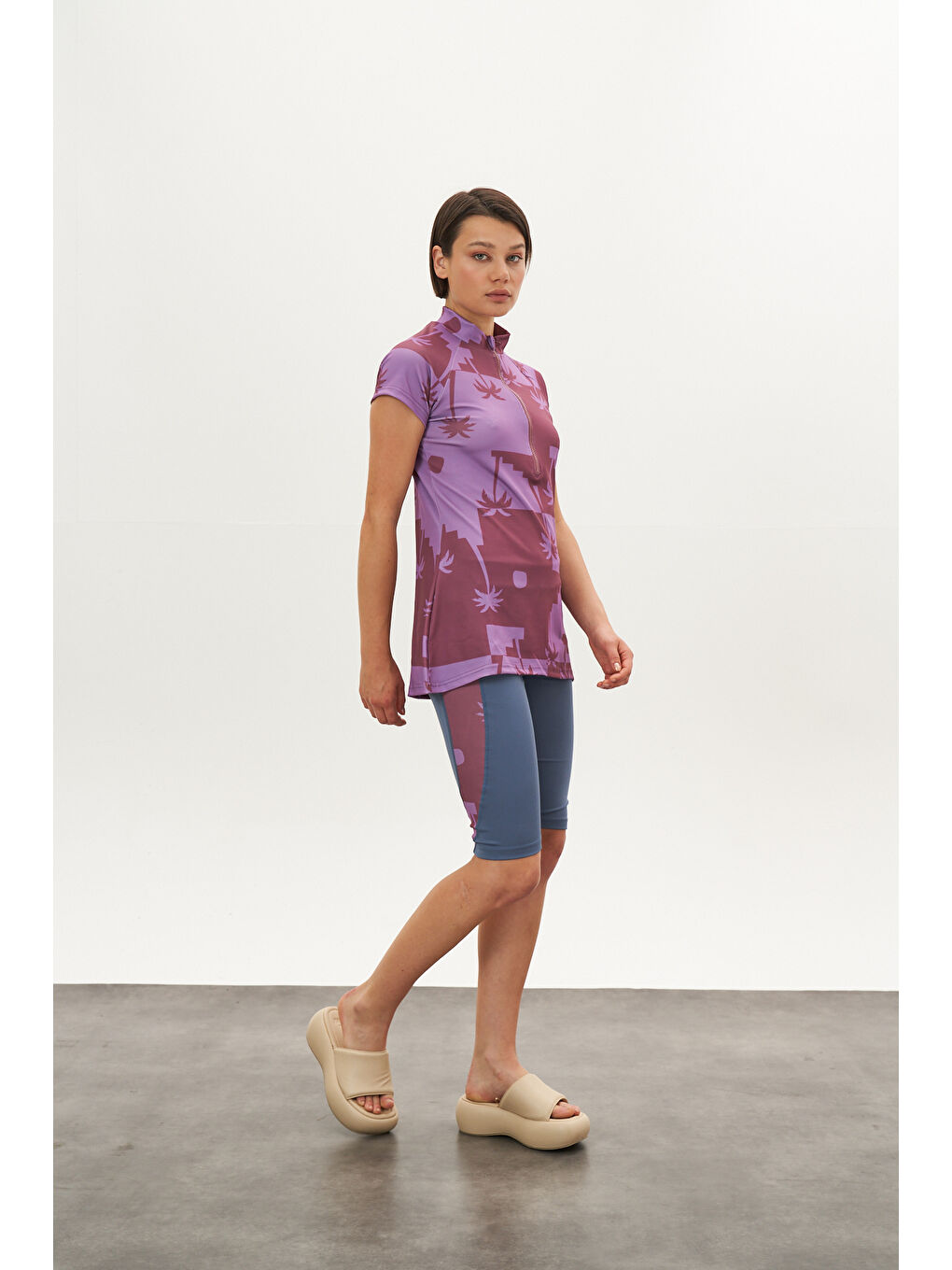 Pembe Palmiye Desen Yarı Kapalı Mayo GülKurusu-2