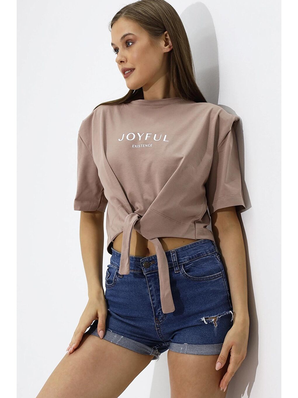 hazelin Bej Kadın Bej Yazı Baskılı Oversize Vatkalı Bel Detay Örme T-Shirt HZL23S-DSB120231 - 3