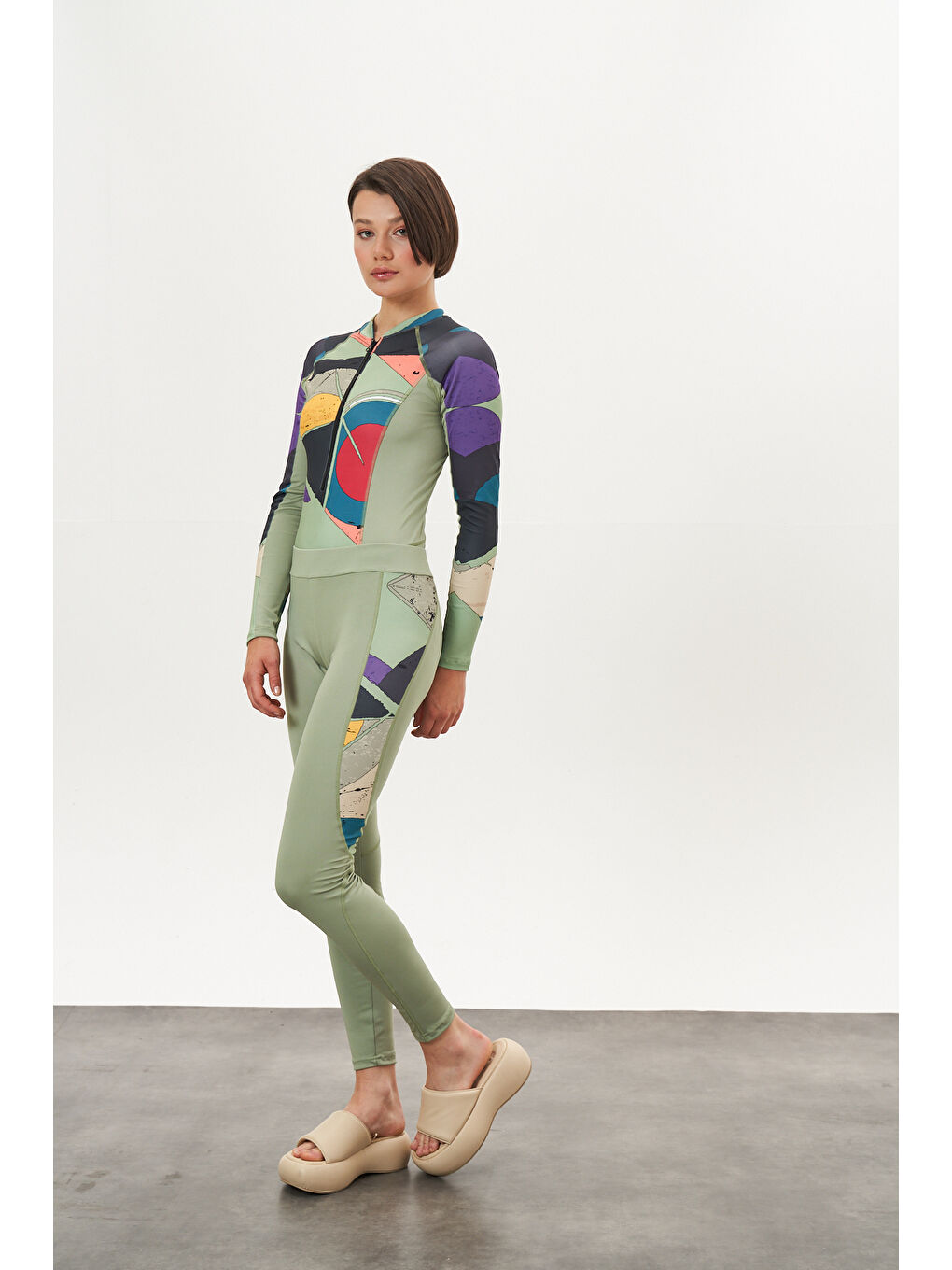 Yeşil Yüzücü Mayo Tayt Etek 3lü Desenli Mayo Çağla-2