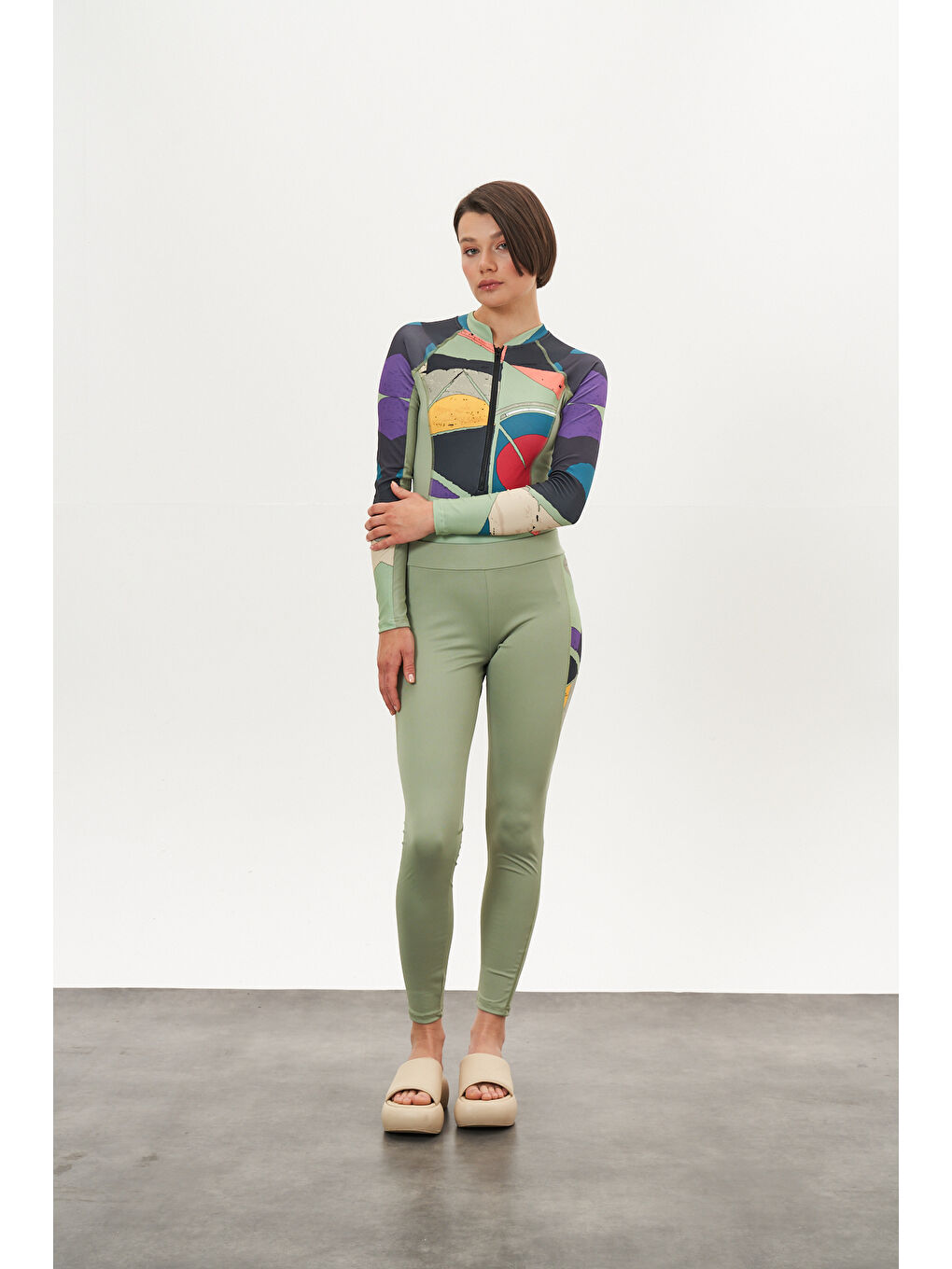 Yeşil Yüzücü Mayo Tayt Etek 3lü Desenli Mayo Çağla-3