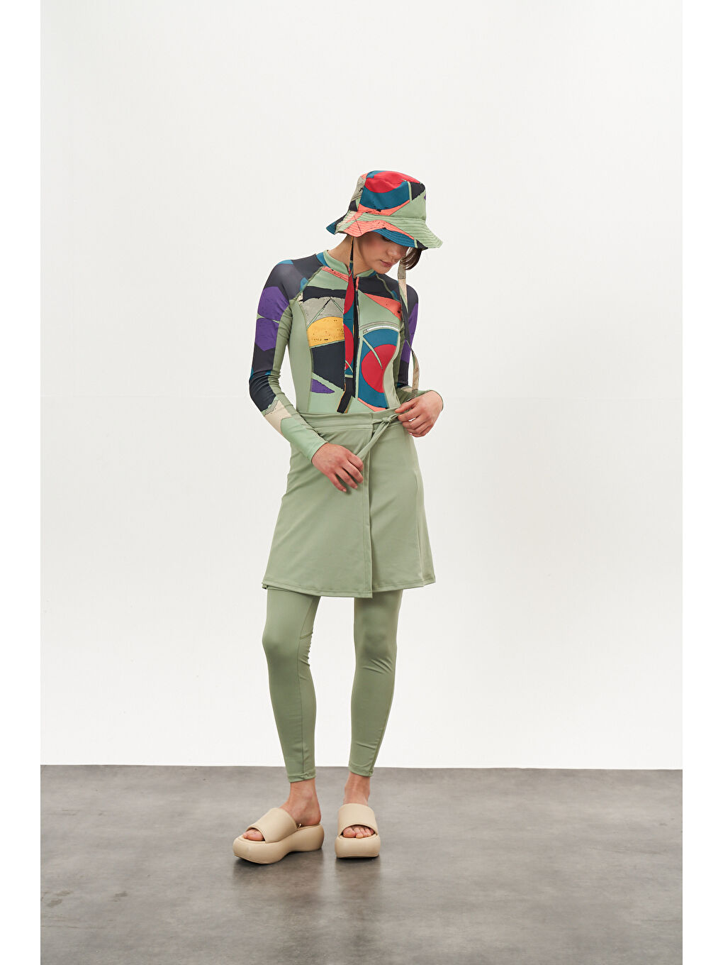 Yeşil Yüzücü Mayo Tayt Etek 3lü Desenli Mayo Çağla-4