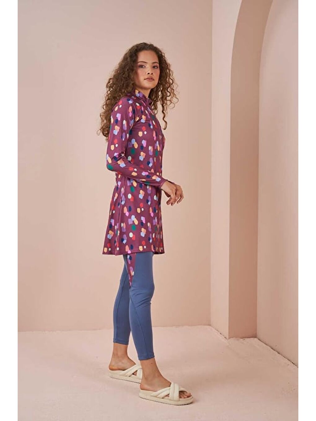 Pembe Puantiye Performans Tesettür Mayo Takımı Gül Kurusu-3