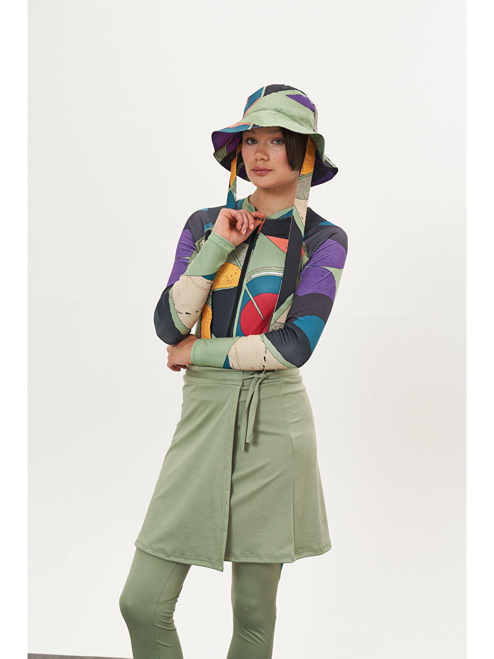 Yeşil Yüzücü Mayo Tayt Etek 3lü Desenli Mayo Çağla-6