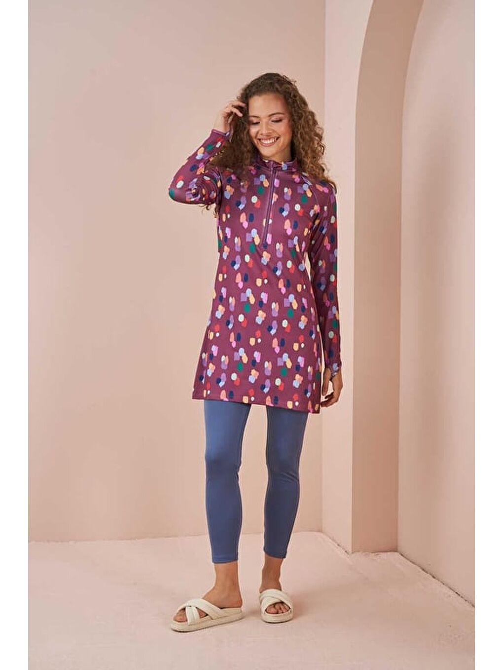 Pembe Puantiye Performans Tesettür Mayo Takımı Gül Kurusu-5