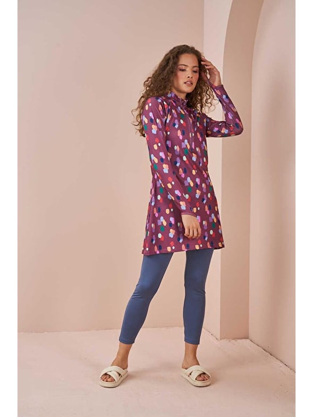 Pembe Puantiye Performans Tesettür Mayo Takımı Gül Kurusu-6