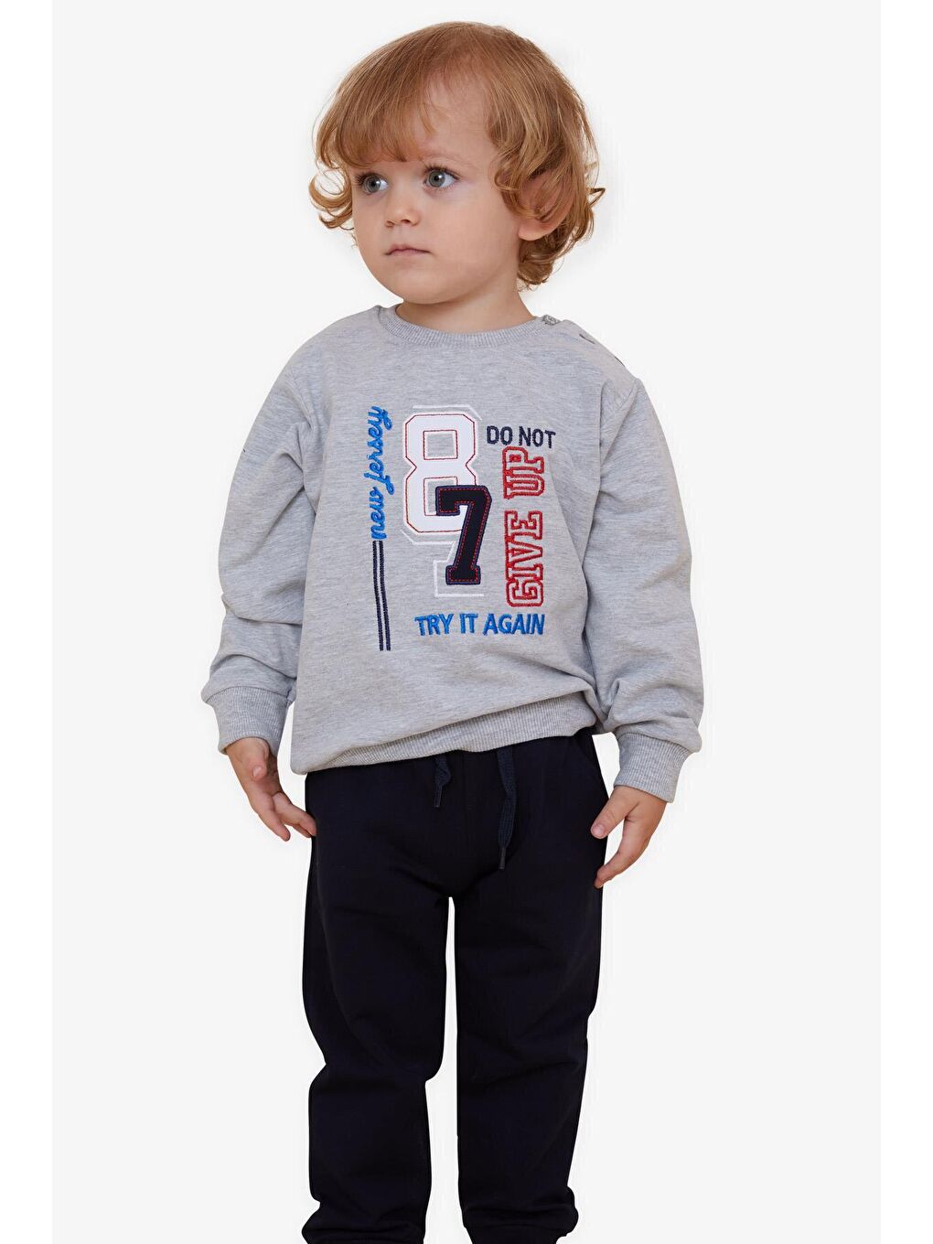 Erkek Çocuk Eşofman Takımı Rakam Nakışlı Gri Melanj (1.5-5 Yaş)