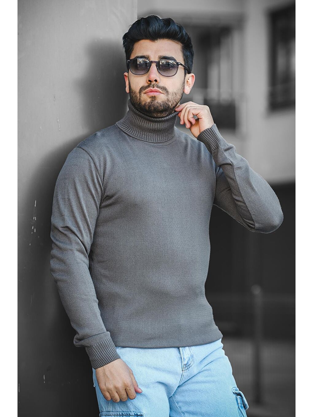 Gri Pamuk Slim Fit Erkek Tam Balıkçı Boğazlı Kazak