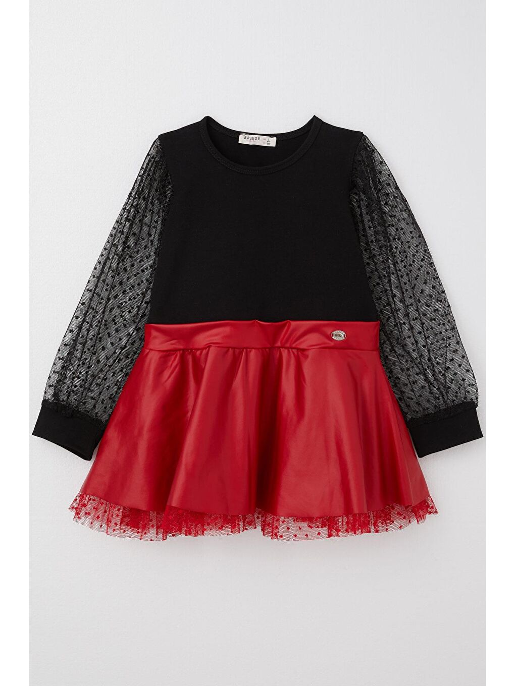 Kız Çocuk Uzun Kollu Elbise Etek Kısmı Deri Kolları Tül Detaylı Siyah (3-8 Yaş)