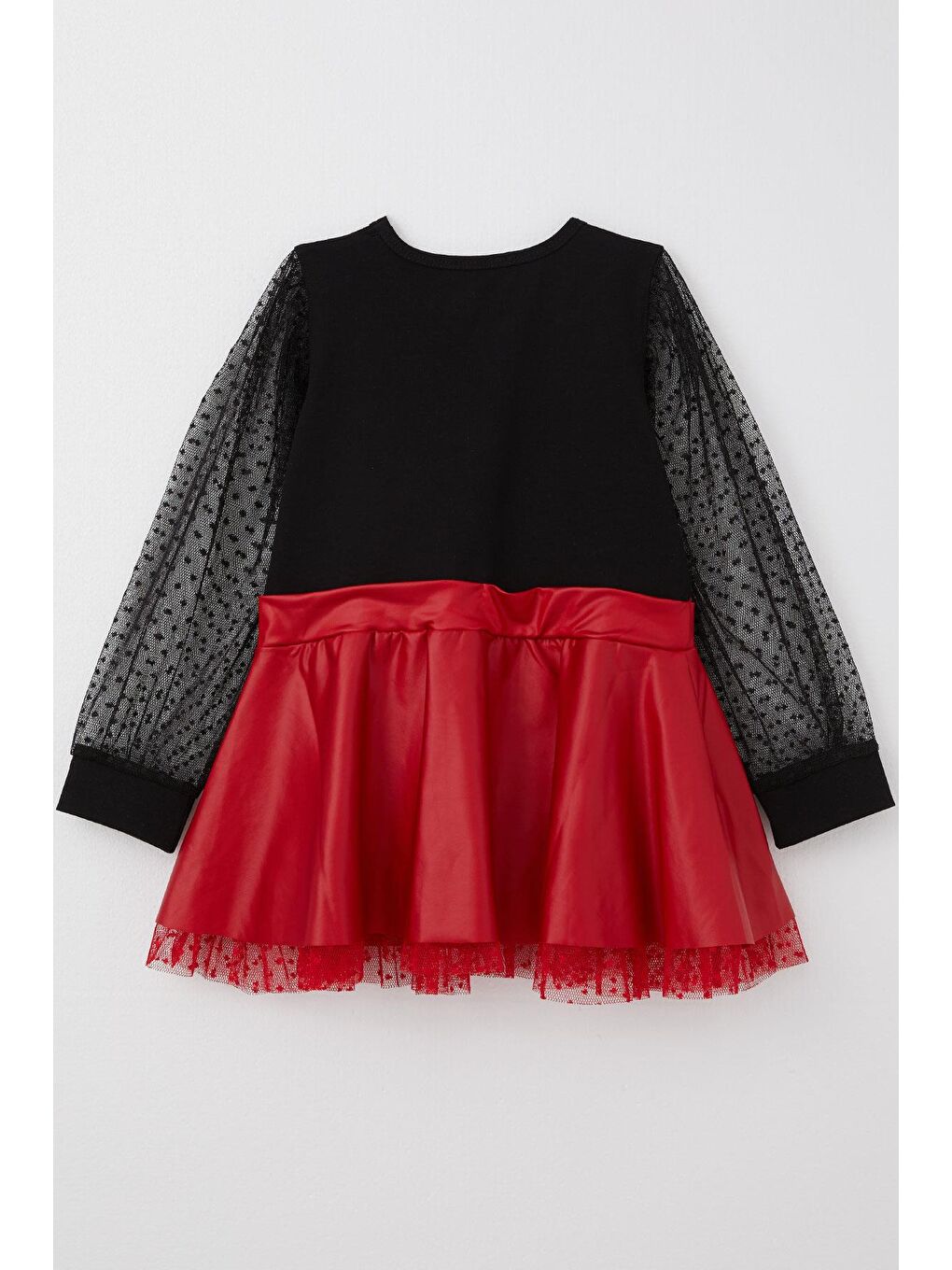 Kız Çocuk Uzun Kollu Elbise Etek Kısmı Deri Kolları Tül Detaylı Siyah (3-8 Yaş)-1