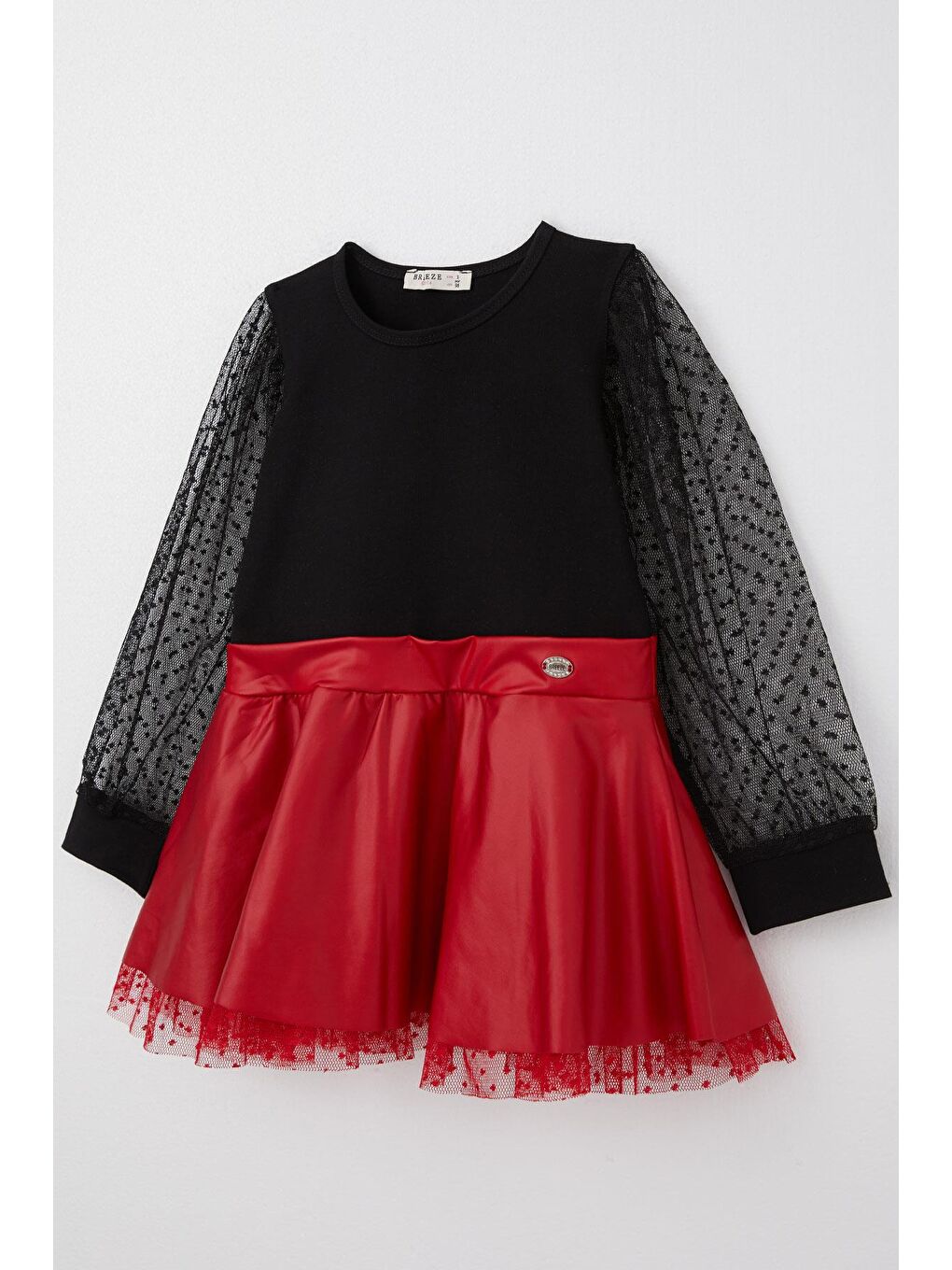 Kız Çocuk Uzun Kollu Elbise Etek Kısmı Deri Kolları Tül Detaylı Siyah (3-8 Yaş)-2