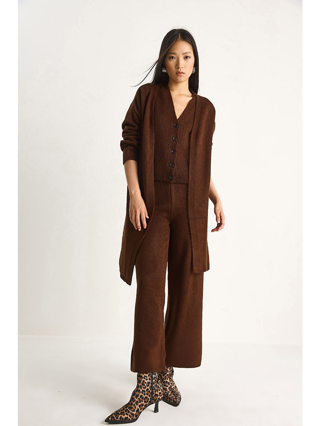 Kahverengi Kadın Yüksek Bel Pantolon Yelek Hırka Üçlü Triko Takım-1