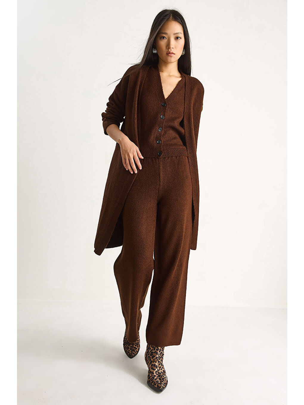 Kahverengi Kadın Yüksek Bel Pantolon Yelek Hırka Üçlü Triko Takım-2