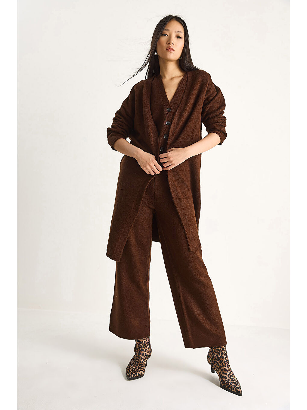 Kahverengi Kadın Yüksek Bel Pantolon Yelek Hırka Üçlü Triko Takım-3