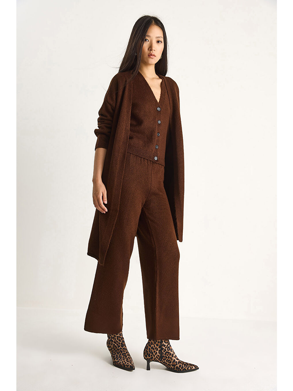 Kahverengi Kadın Yüksek Bel Pantolon Yelek Hırka Üçlü Triko Takım-4