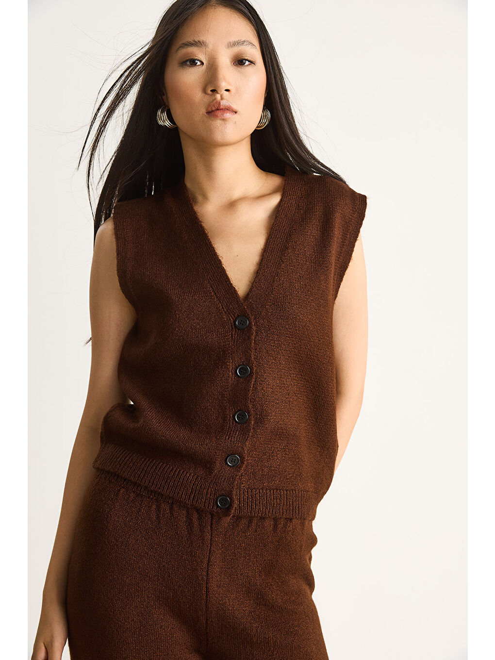 Kahverengi Kadın Yüksek Bel Pantolon Yelek Hırka Üçlü Triko Takım-6