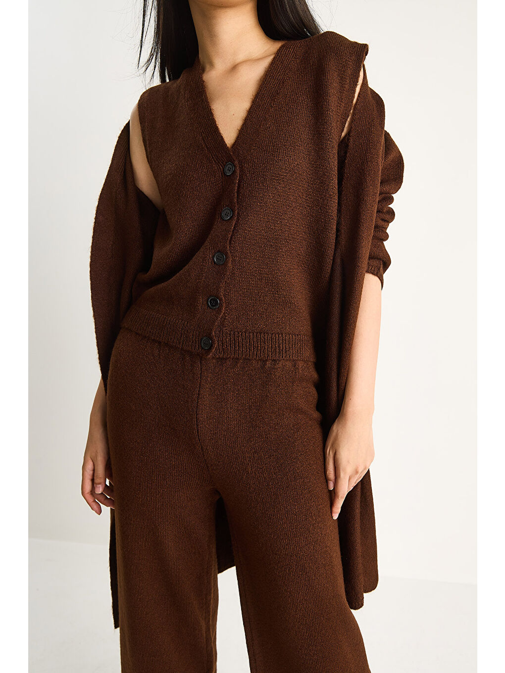 Kahverengi Kadın Yüksek Bel Pantolon Yelek Hırka Üçlü Triko Takım-7