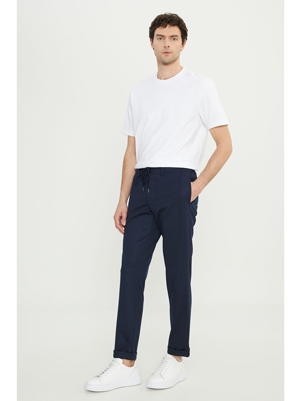 Erkek Lacivert Slim Fit Dar Kesim Beli Bağlamalı Yan Cep Esnek Casual Pantolon