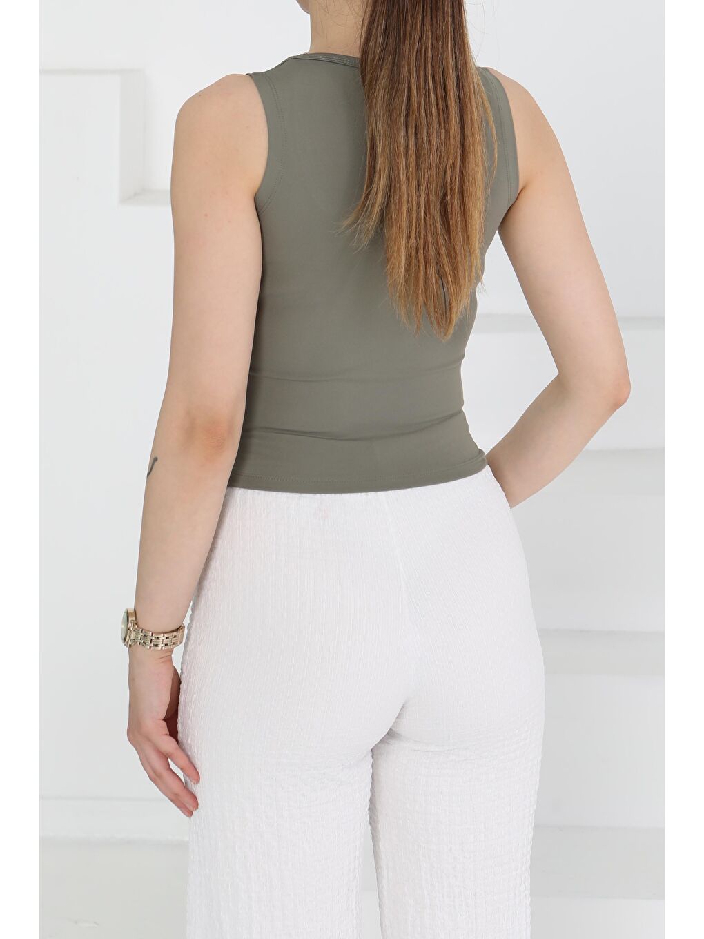 Cupralı Oval Yaka Crop Atlet Haki - 27278-3