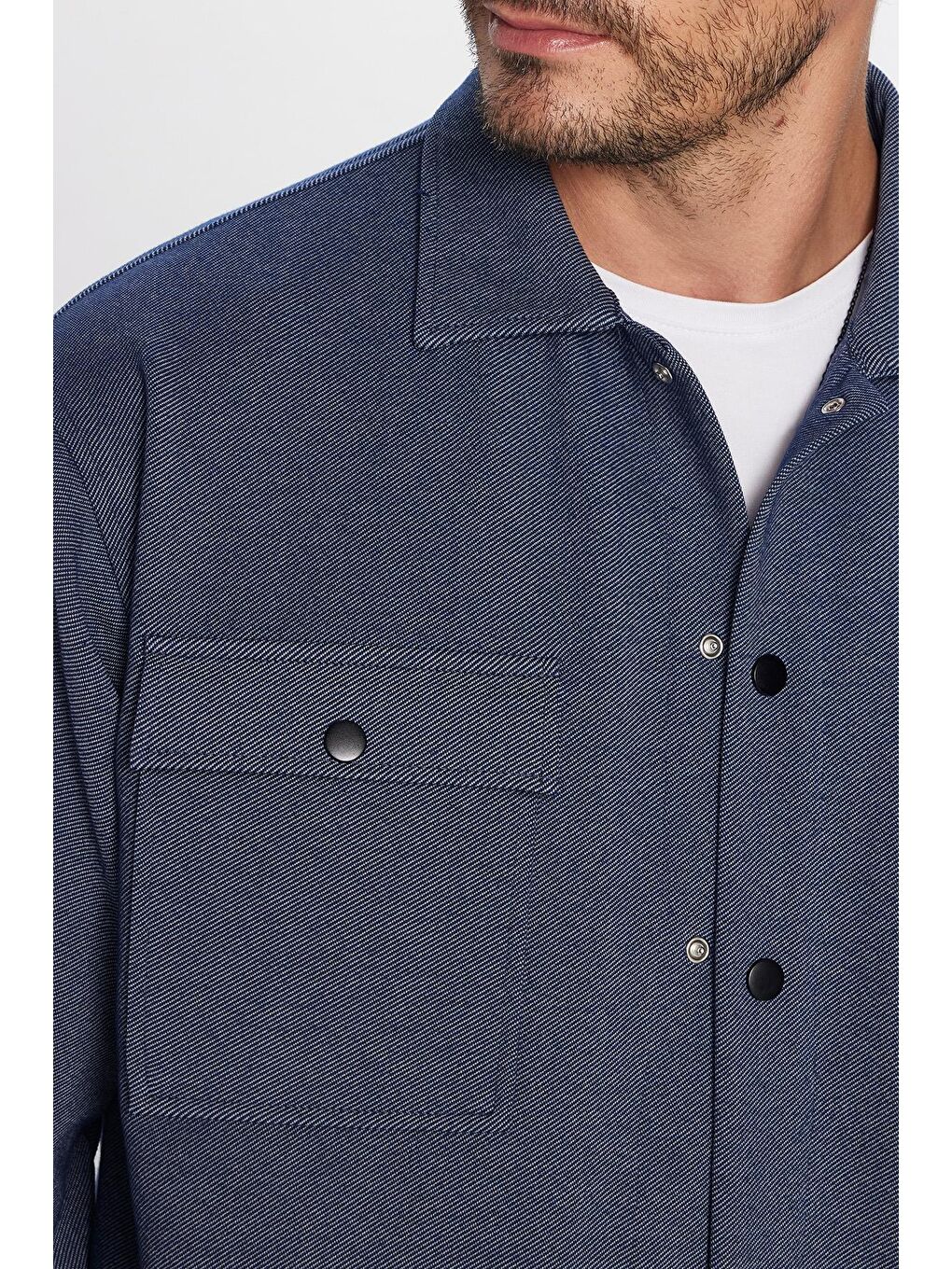 Erkek Relax Fit Rahat Kesim Çift Cepli Örme Lacivert Apaş Yaka Gömlek-3