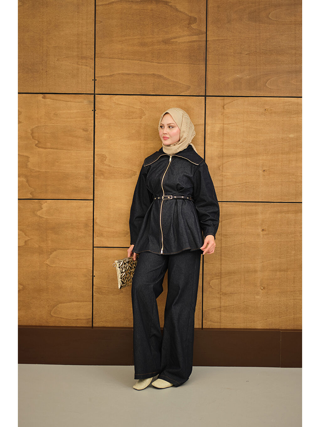 Kadın Bebe Yaka Kemer Bağlamalı Fermuarlı Pantolonlu Takım Lacivert-1