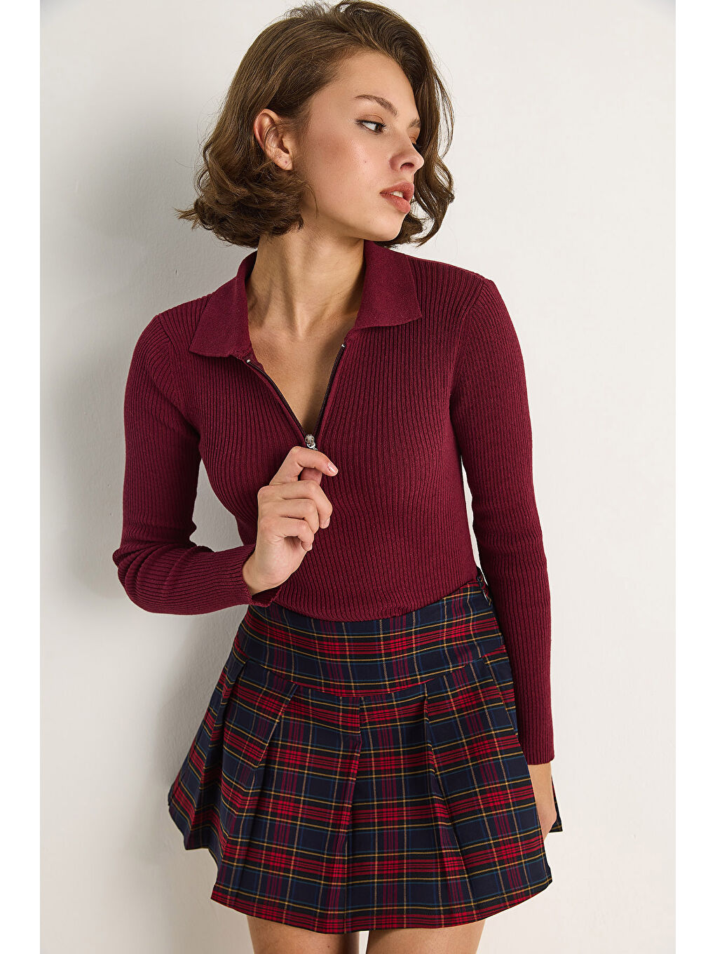 Bordo Kadın Fermuarlı Kazak-1