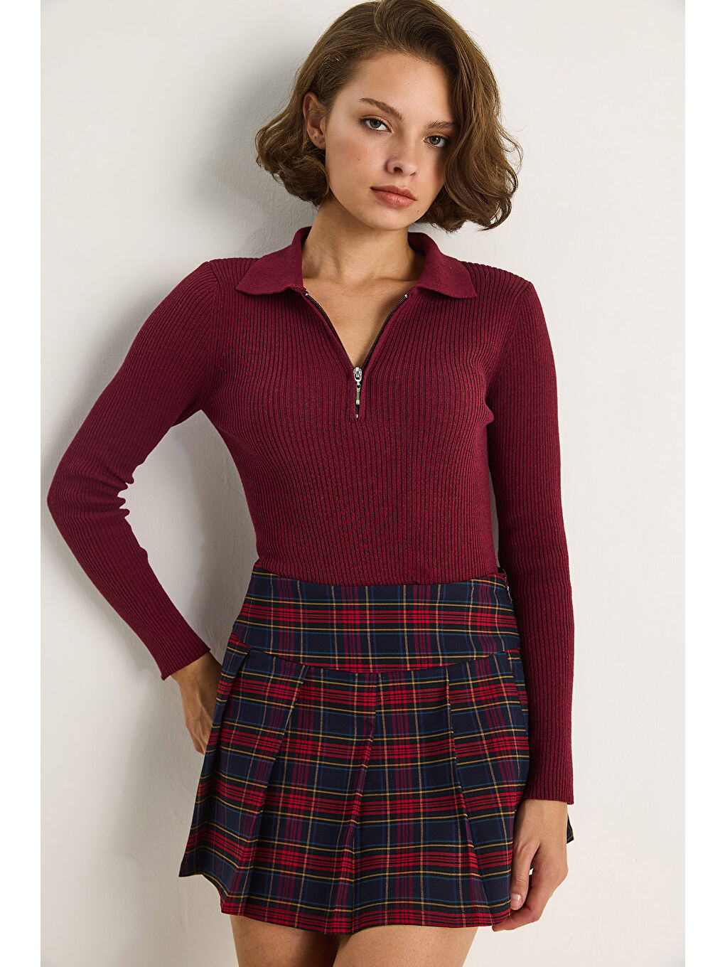 Bordo Kadın Fermuarlı Kazak-2